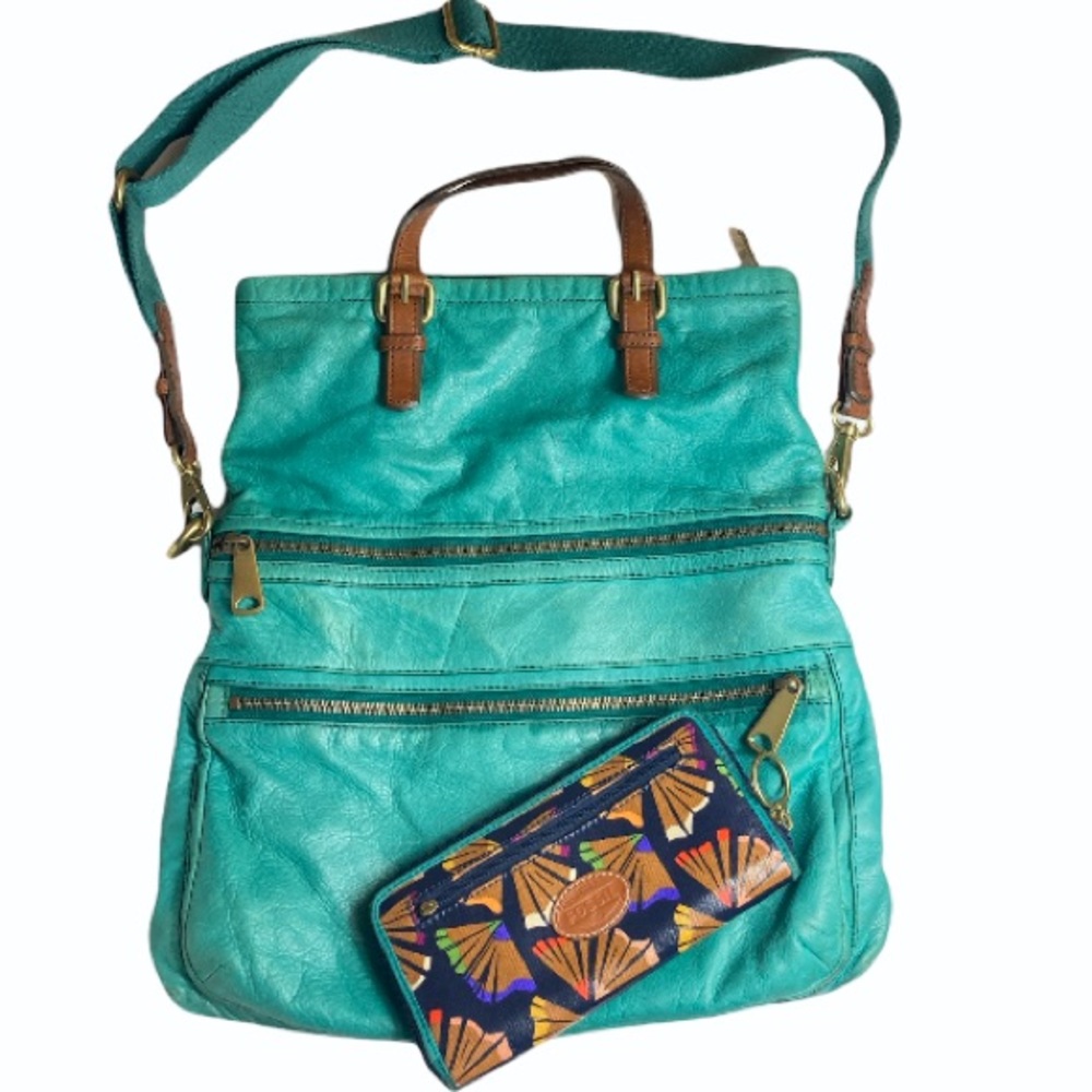 Fossil Teal Large Foldover Zipper Bag - image 1